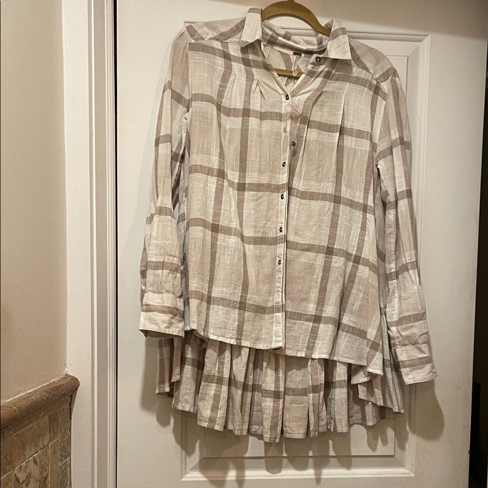 Free People Beige and Cream Plaid Button-Down Tunic